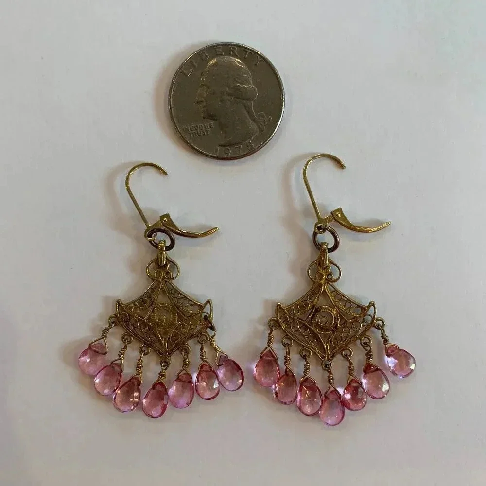 Handmade Pink Tourmaline Gold Vermeil Fan-Shaped Drop Earrings Bespoke Jewelry - Picture 4 of 5